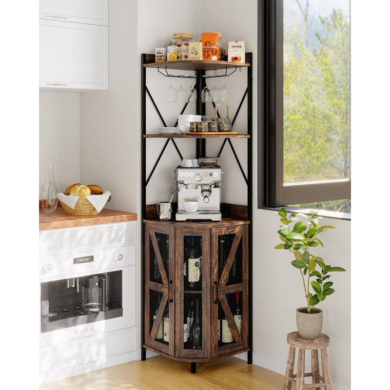 72'' Corner Wine Cabinet with Power Outlet, Industrial 5-Tiers Liquor Cabinets Bar, Brown