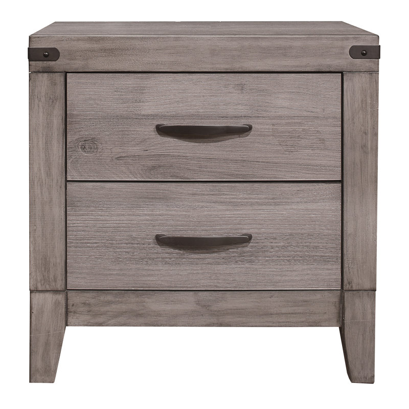 Table de chevet avec tiroirs, finition en mélamine gris brunâtre, quincaillerie en métal foncé | Idée de cadeau