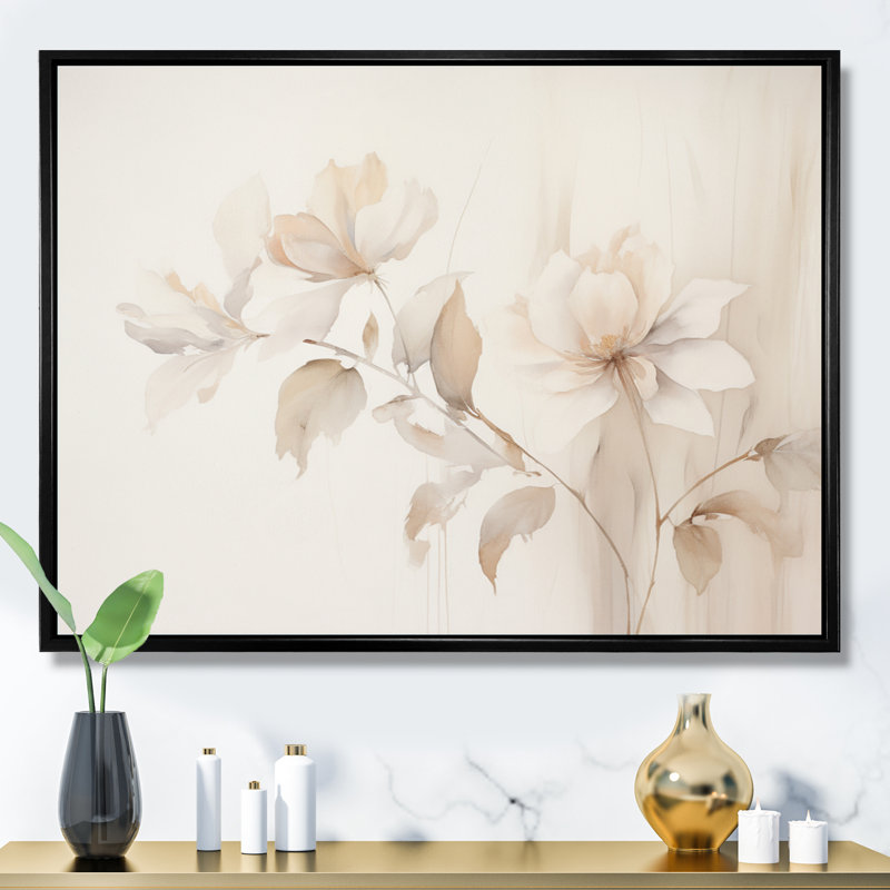 «White Botanical Elegance II - Abstract Botanicals, art mural sur toile, Cadre flottant noir, H 34 po x l 44 po x P 1,5 po