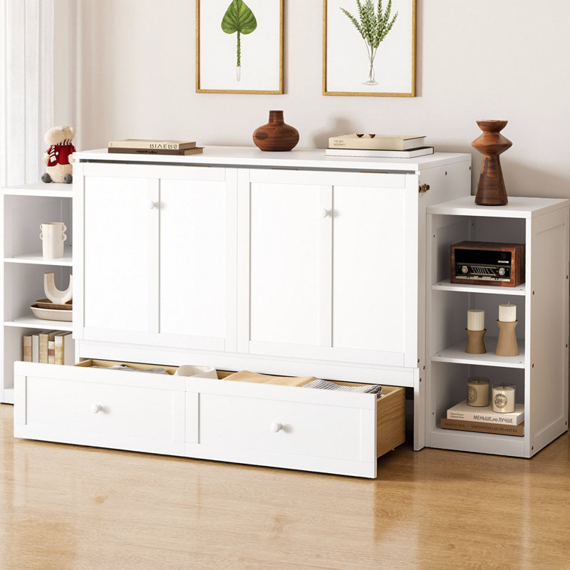 Lit escamotable pleine grandeur avec tiroirs et tablettes de rangement, armoire de lit murale en bois de pin massif peu encombrant, lit rabattable avec rangement organisationnel