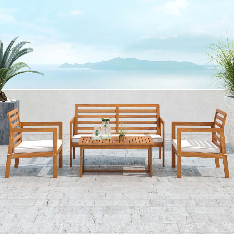 4 Pcs Patio Furniture Set With Acacia Wood Frame Cushions And Coffee Table, Off White