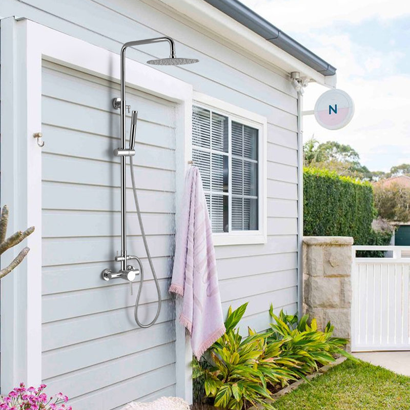 49"-65"H Wall Mounted 304 Stainless Steel Rust-free Outdoor Shower with Handheld Shower with 10-Inch Rainfall Shower Head