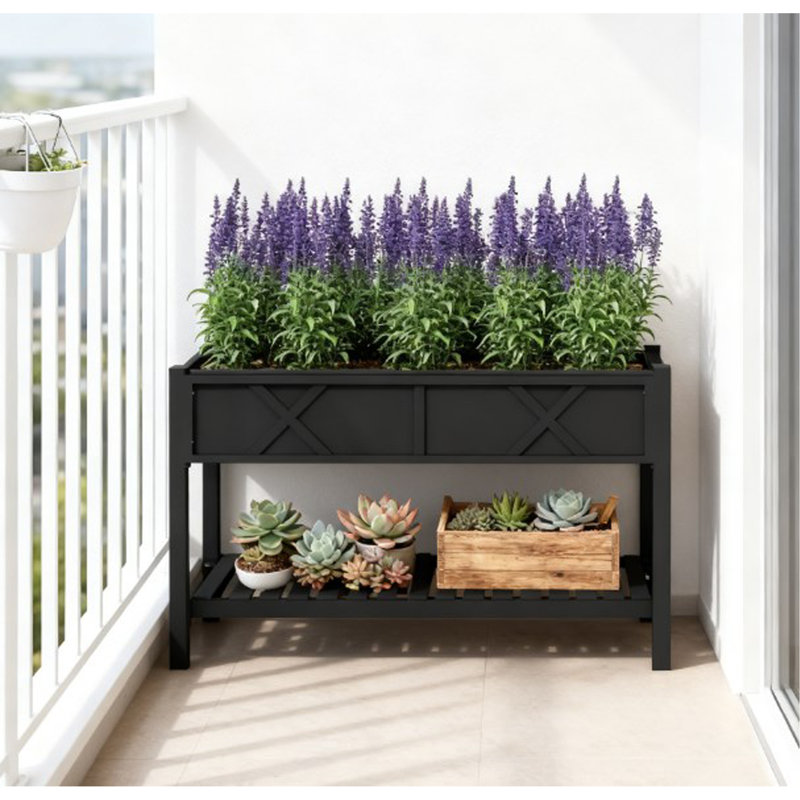 Elevated Wood Planter Box,Raised Garden Bed,With Storage Shelf,Drainage Holes,And Liner, Black