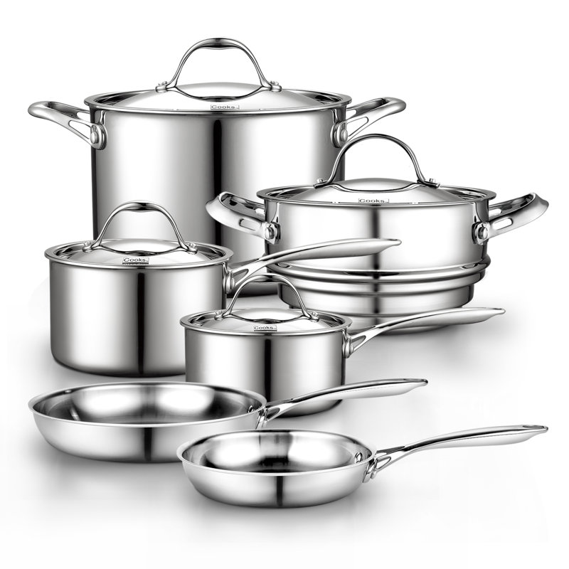 Ensemble de batterie de cuisine standard en acier inoxydable à plusieurs couches Cooks, casseroles et poêles, poignées Cool Grip, compatible avec l'induction, 10 pièces