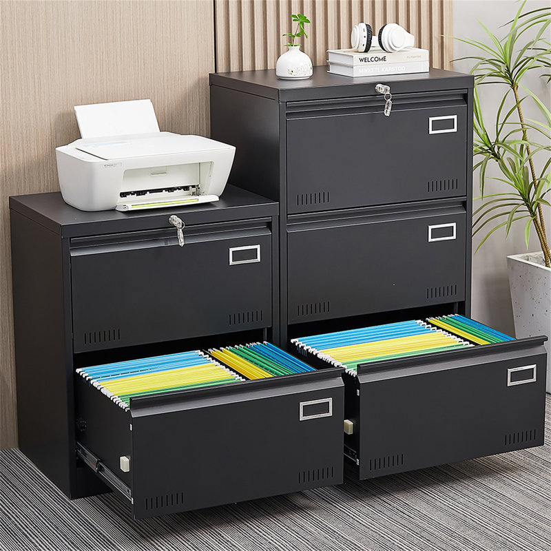 Classeur latéral en métal 2 tiroirs avec serrure, Black