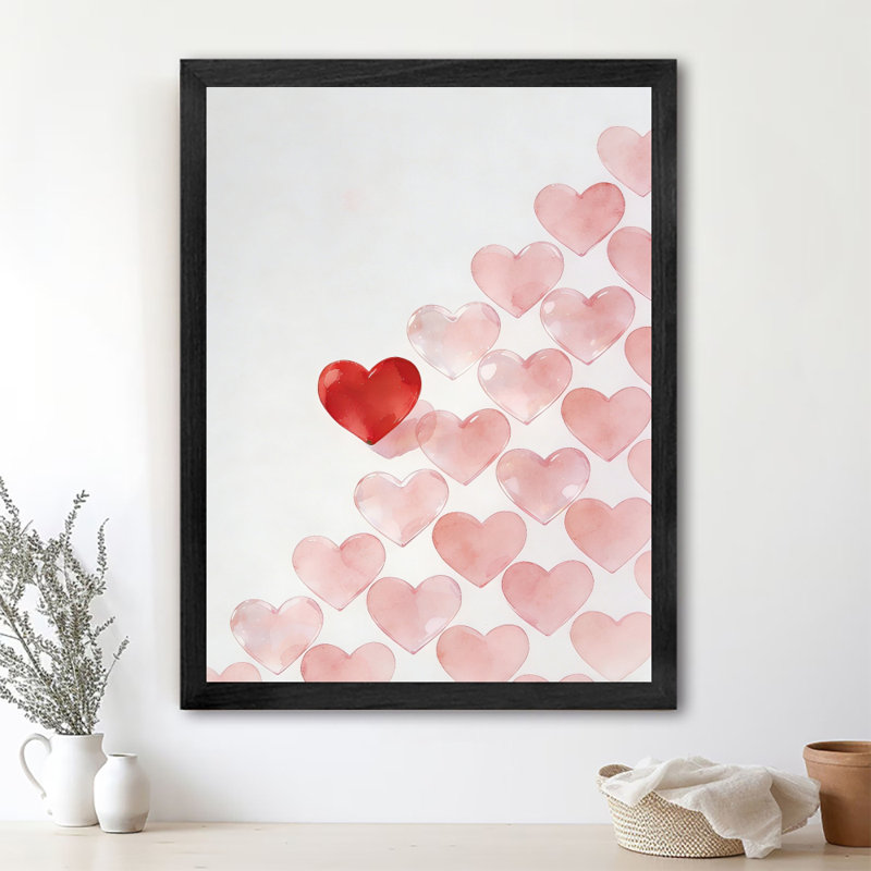 Aquarelle encadrée noire, ballons de cœur, impression amour, impression sur le thème de la Saint-Valentin, H 11 po x l 9 po