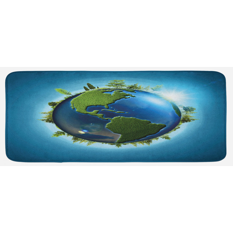 Tapis de cuisine bleu pâle bleu pâle, à la planète recouverte de bleu maritime et forêt continents