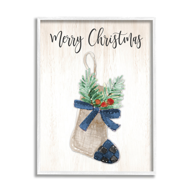 Chaussette de Noël à motif écossais «Merry Christmas» par Lanie Loreth - Peinture, H 14 po x l 11 po