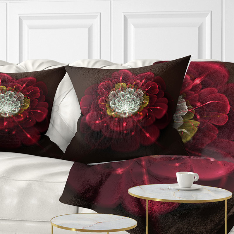 Coussin floral à fleurs fractales, 16 po x 1 po, Rouge, Coussin décoratif