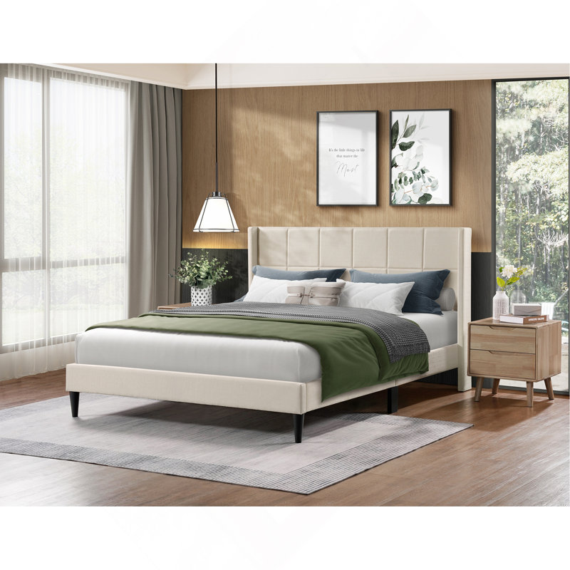Luma Upholstered Wingback Bed, Beige