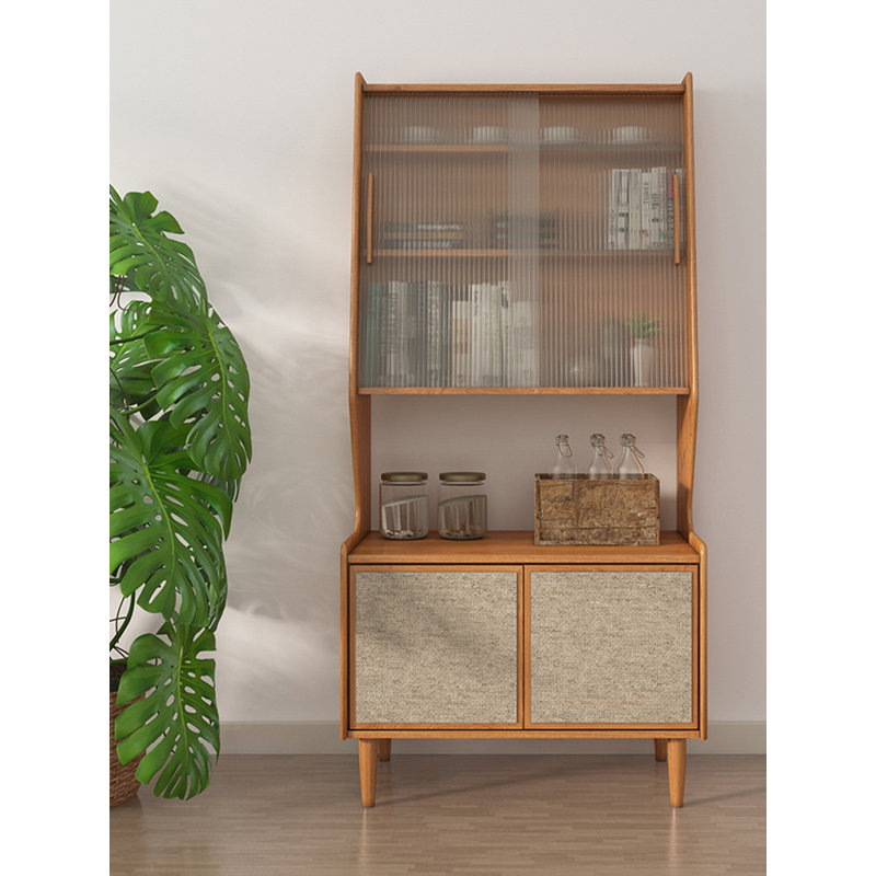 Scandinavian Solid Wood Storage Rattan Glass Food Cabinet, Natural