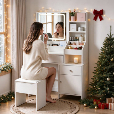 Modern White Dressing Table with 2 Mirrors & 1 Stool, Adjustable LED Light and Big Storage Xmas Gift