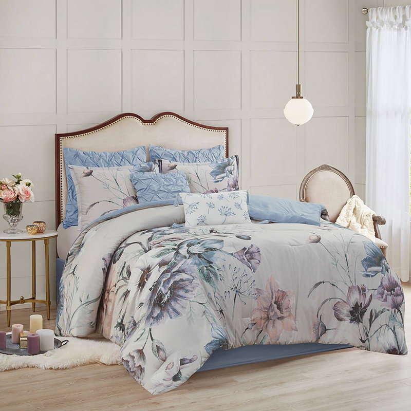 California King Blue Cotton Floral Comforter Set