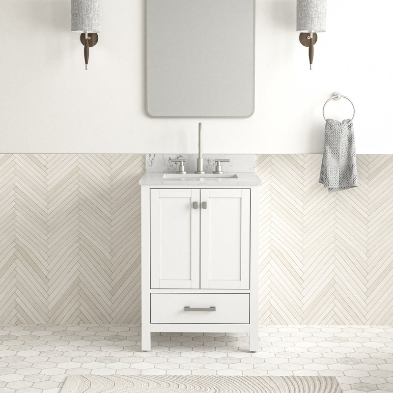 Meuble-lavabo autoportant de 24 po avec comptoir en marbre, White, Nickel brossé