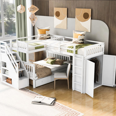 White Over Full Bunk Bed With 3 Drawers, Desk And Wardrobe - Space For Sleepovers, Shelves In Staircase, Pole Wardrobe, Wood Construction L-Shaped Bed, Storage Portable Desk, Guardrail , Solid Pine