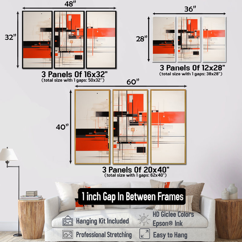 Rouge, noir, blanc, rétro, géométrie, ensemble d'art mural géométrique, H 28 po x l 36 po x P 1 po, Encadrement argenté