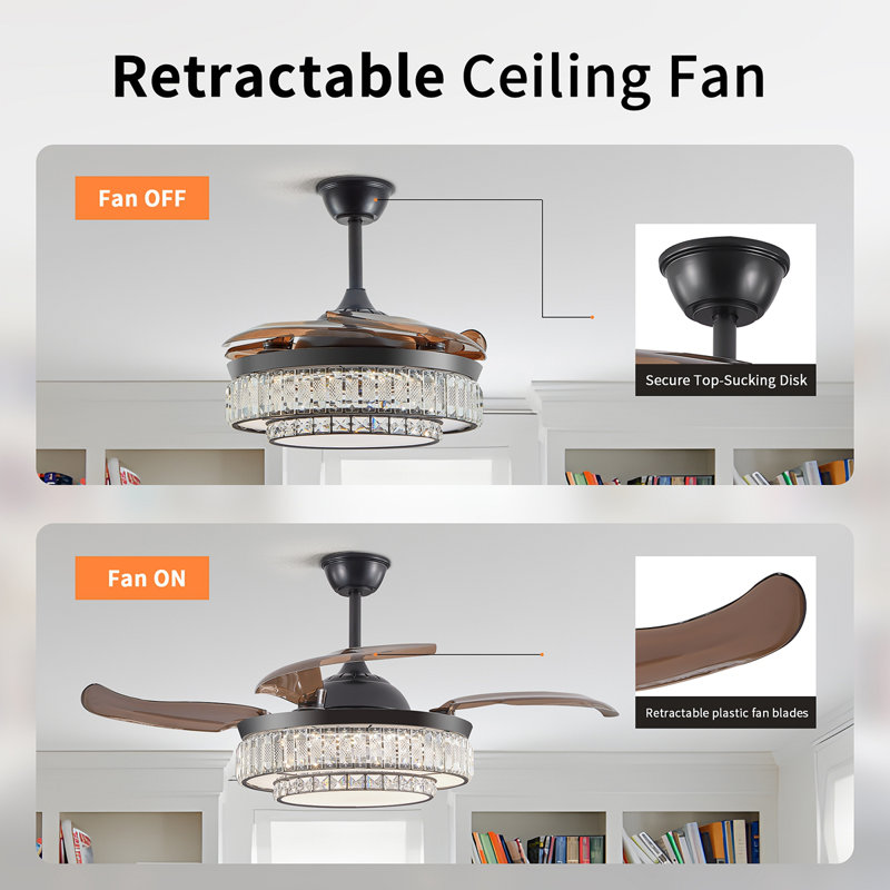 48" Contemporary Crystal LED Retractable Ceiling Fan With Light And Remote Control, 6-Speed Quiet Reversible DC Motor,4 Blades Modern Ceiling Fans For Kitchen Bedroom Dining Room Patio