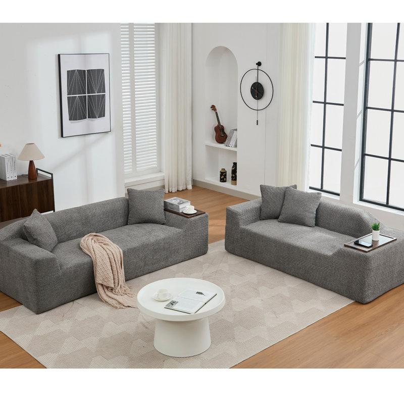 Ensemble 2 pièces avec coussins confortables - revêtement Boucle, 3 places, table de bout, siège gris foncé et revêtement relaxant