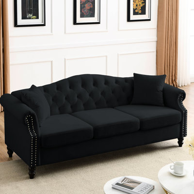 79" Black Velvet 3 Seater - With Nailhead Trim Rolled Arms Wood Frame Comfortable Foam Cushions For A Relaxing Home Office, Bedroom, Living Room . For Room, Office. & Trim. Frame. Soft Cushions.