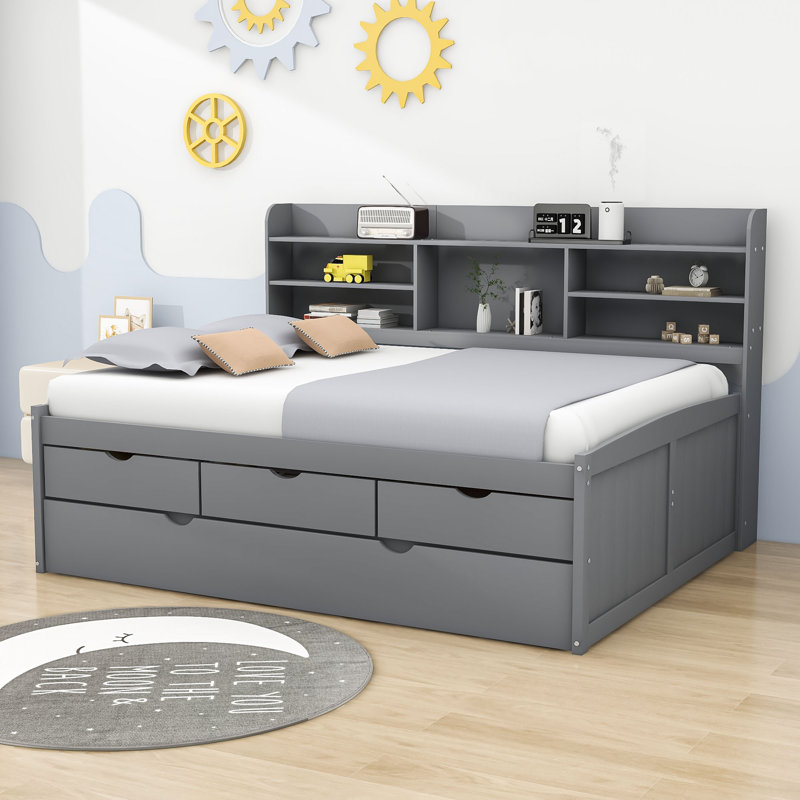 Beckwourth Full Size Wooden Platform Bed with Shelves and 3 Drawers,Twin Size Trundle, Light Gray