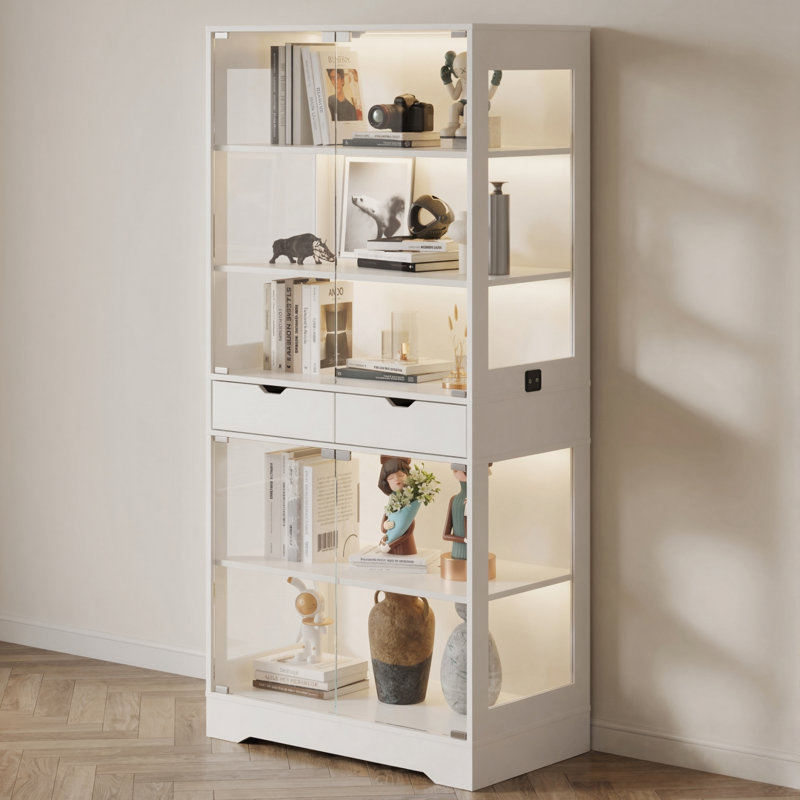 71.7"H Display Cabinet with Glass Doors, 5-Tier Curio Cabinet with Smart Human Sensor & RGB LED Lights, Modern Glass Display Case with Drawers for Collectibles, White