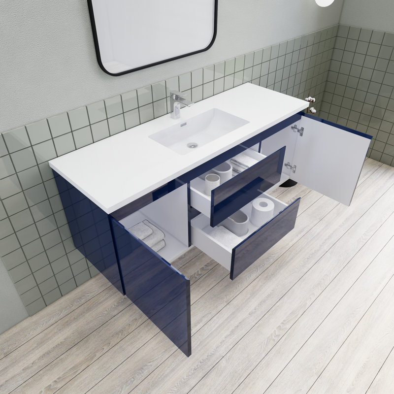 Meuble-lavabo de salle de bain flottant 60 po Alcester Ivy Bronx, Bleu brillant