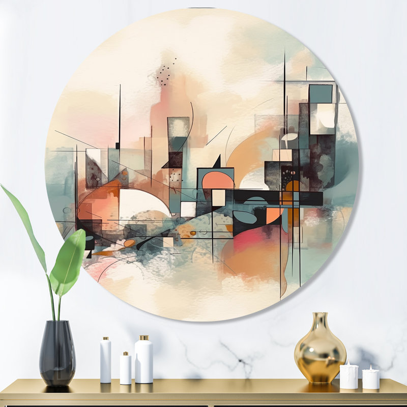 Explorations In Serenity I - Art mural rond abstrait géométrique sur métal, H 36 po x l 36 po x P 1 po