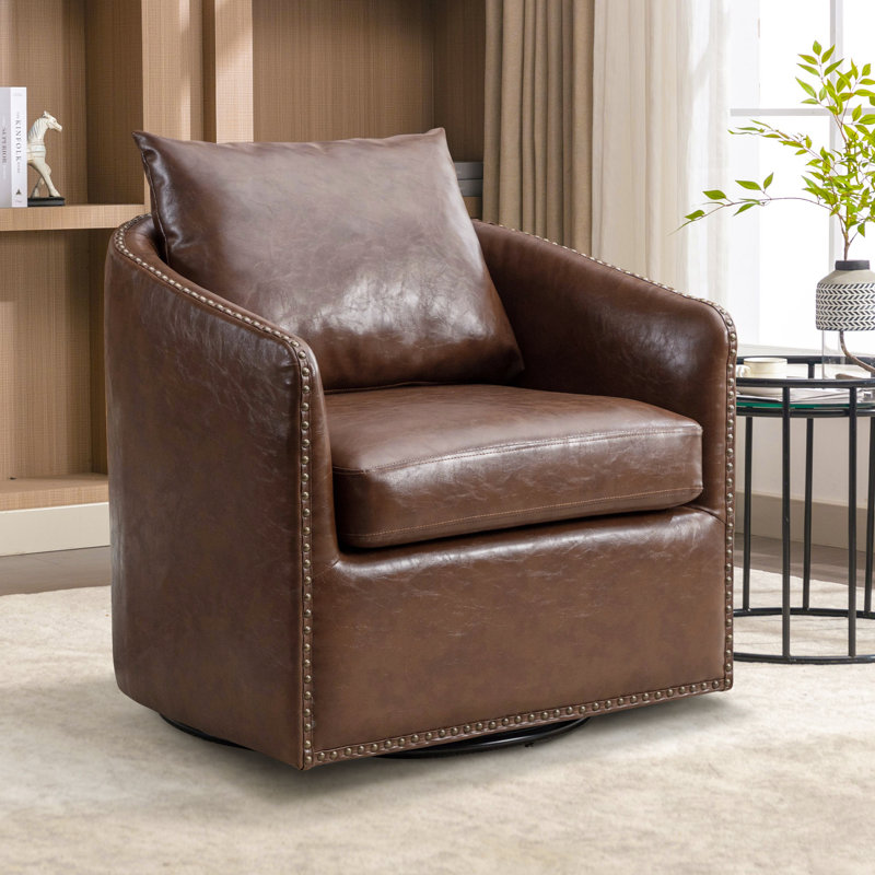  Kasia 27.6'' Wide Luxe Soft Swivel Arm Barrel Chair with Nailhead Trim and Removable Cushion, Dark Brown Faux Leather