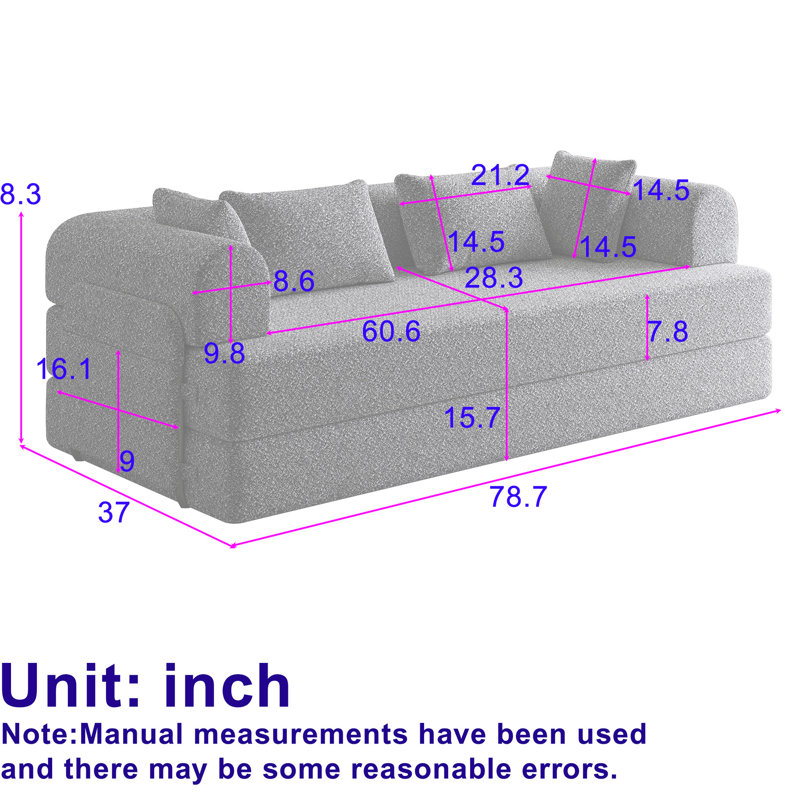 Lit convertible pliant de 200 cm (78,7 pouces), 2 matelas en chenille, 4 places, chenille respirante, mousse, aucun assemblage requis, canapé-lit convertible avec poche latérale, revêtement en tissu, rangement intégré