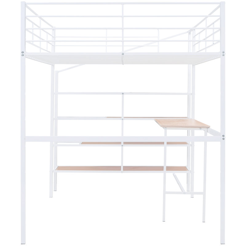 Lit mezzanine en métal avec bureau et rangement latéral, blanc