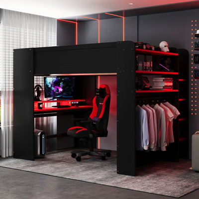 Red Full Size Gamer Bunk Bed With Gaming Desk, Strip, Charging, And Ample Storage In Shelving Units - Design, Built , Overhead Shelves