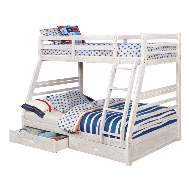 Lit superposé simple au-dessus d'un lit double de style transitionnel avec deux grands tiroirs et une construction en bois massif d'aspect blanc délavé, structure à rails sécuritaires pour utilisation avec placage de rangement, apparence, serrure