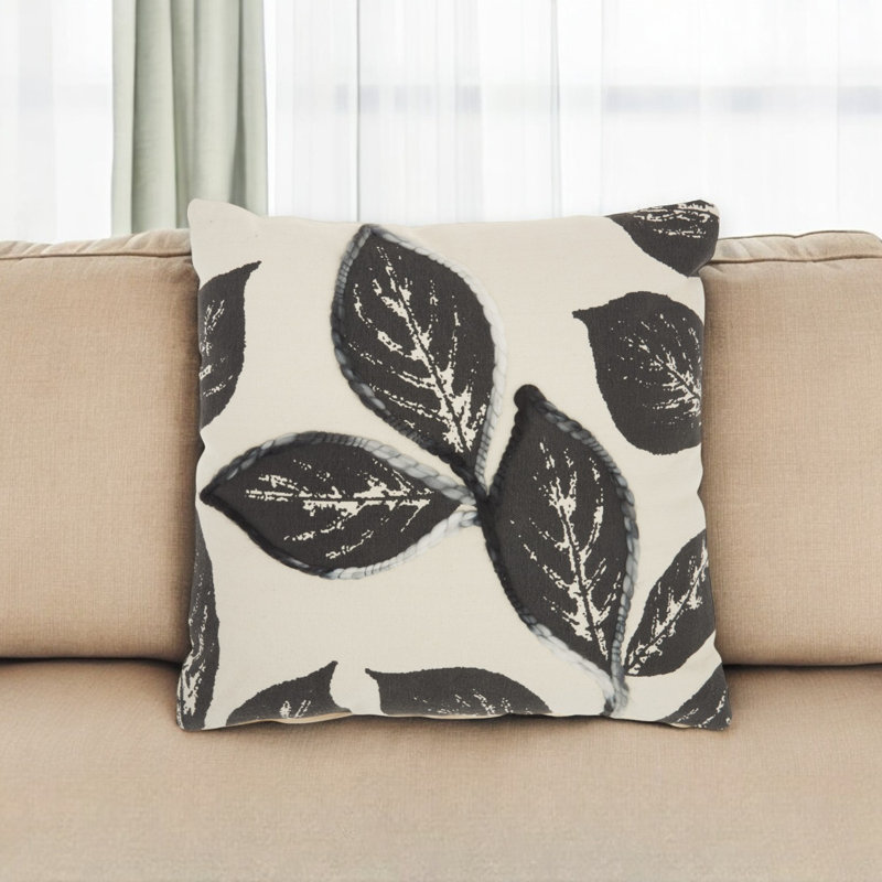 20" Charcoal Gray and Beige Floral Throw Pillow With Embroidery, Charcoal