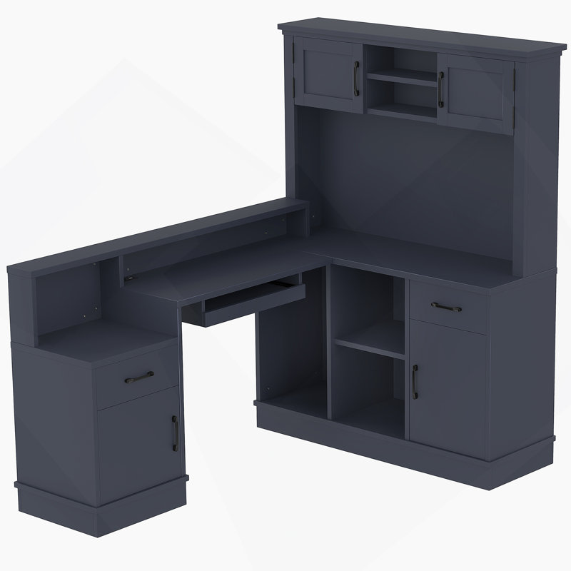 Bureau d'ordinateur en L avec prise de courant, tiroirs, bureau d'angle, bureau d'écriture pour bureau à domicile, Bleu