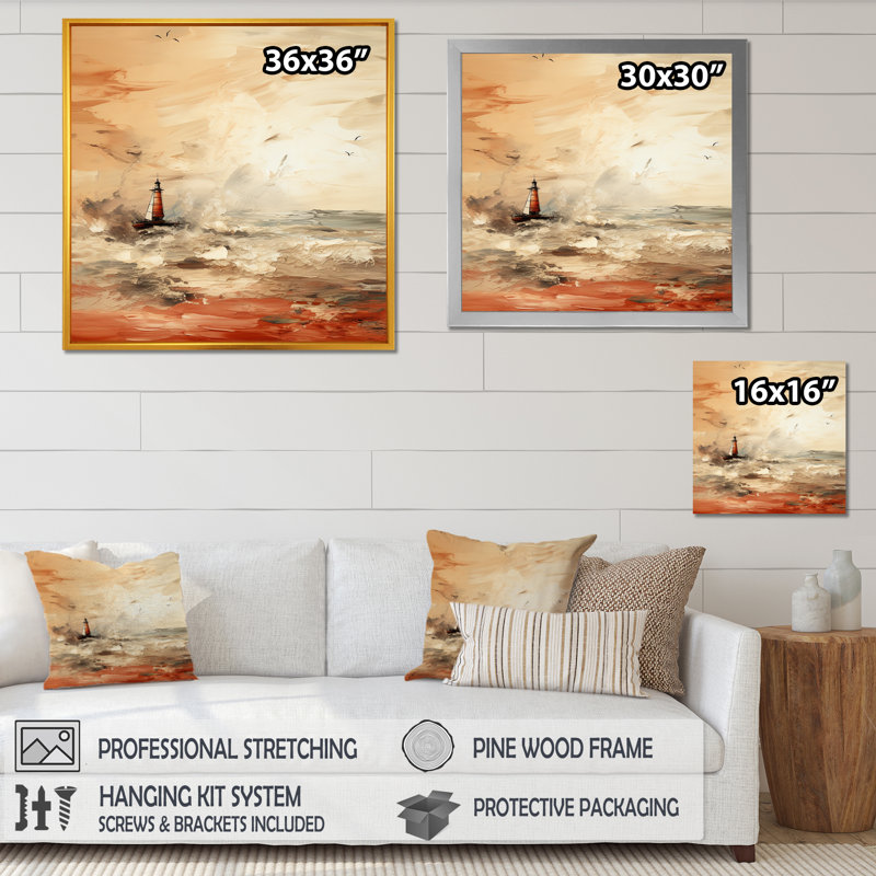 Peinture jaune du coucher de soleil phare II - art mural coucher de soleil côtier, Cadre flottant noir