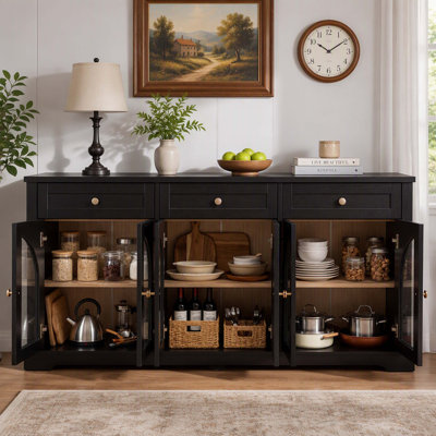 68" Modern Accent Sideboard Storage Cabinet, Credenza with 3 Drawers and 6 Arched Glass Doors, Flexible Adjustable Inner Shelves for Entryway, Living Room and Dining Room, Black