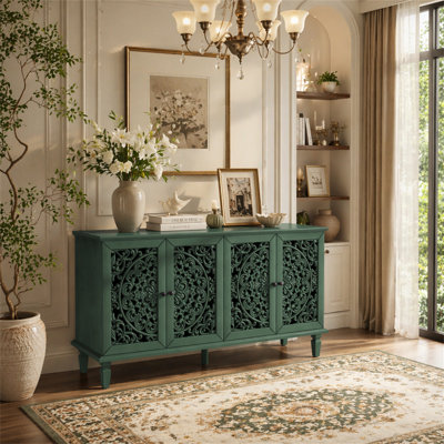 60" Antique Buffet Cabinet with Floral Carvings with Solid Wood Legs&Antique Brass Handles&Adjustable Shelves