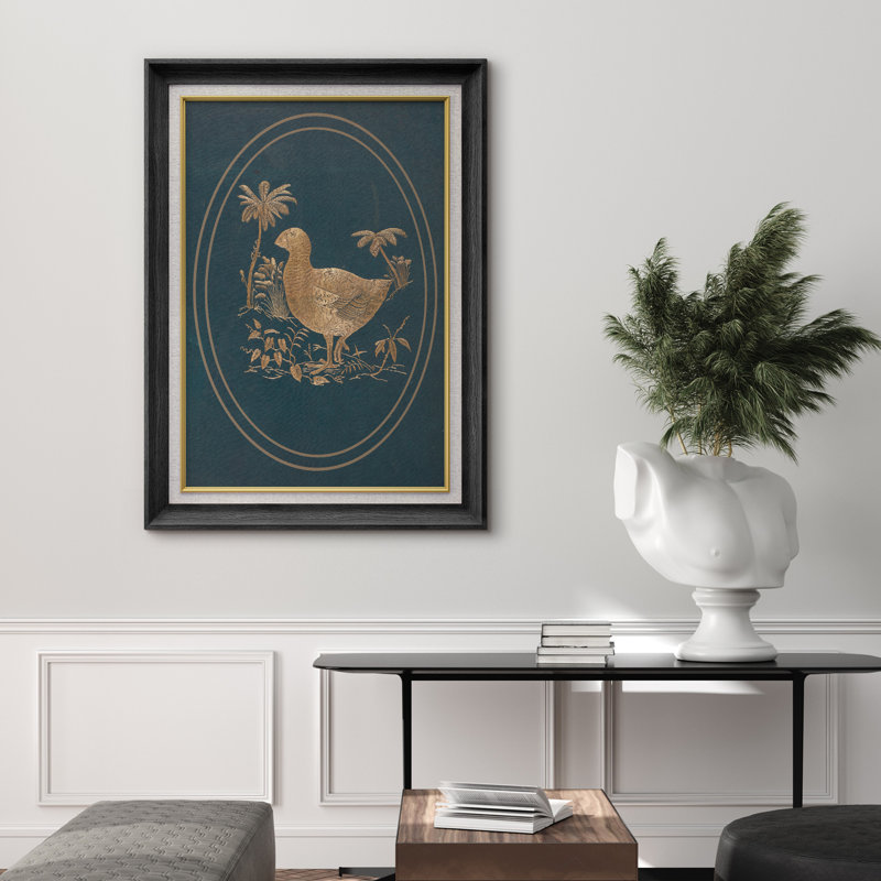 Oiseau doré rétro avec palmiers sur fond ovale bleu sarcelle - impression d'art encadrée sur papier