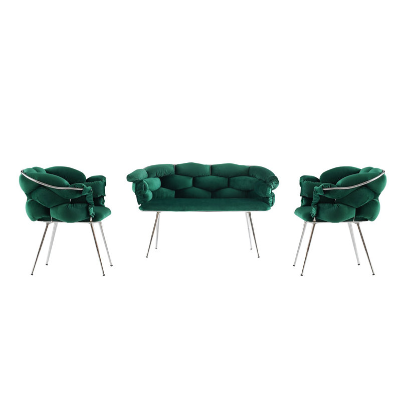 Modern Velvet Sofa Set (3 Pieces) - Green & Chrome | 100% Metal Frame, 2-Seat Sofa: 53.1 x 31.1 x 25.6 in., 1-Seat Sofas: 29.5 x 31.1 x 25.6 in. | 250 lbs & 150 lbs Capacity | Stylish & Durable Design for Living Room
