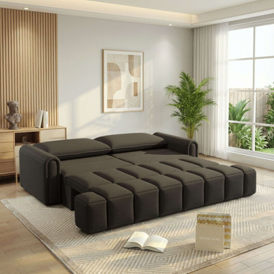 90"King Size 3-in-1 Convertible Sleeper Sofa Bed with Storage Chaise, Teddy Fabric