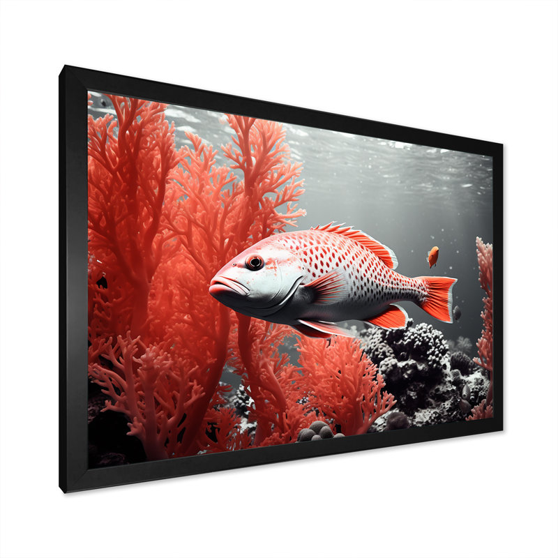 Impression sur toile monochrome corail et poisson gris I, Cadre simple noir, H 24 po x l 32 po x P 1 po