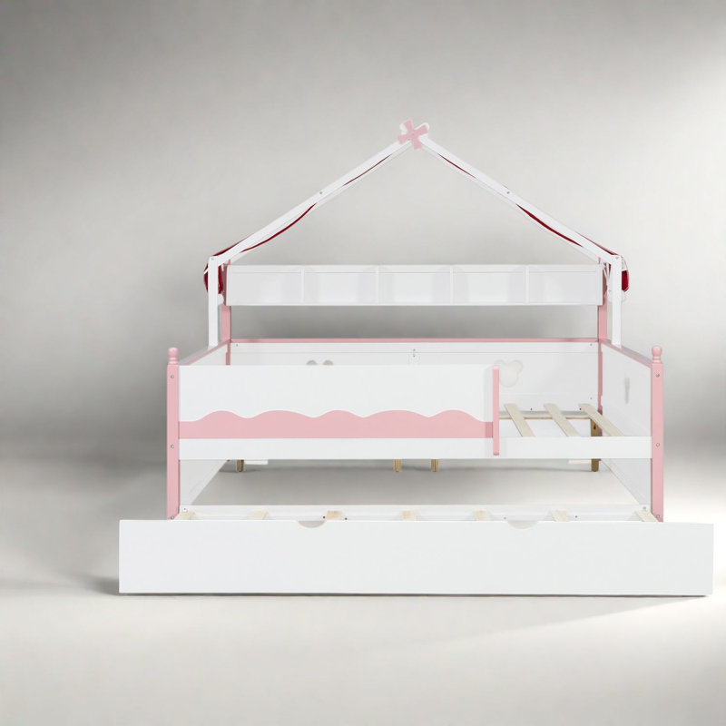 Lits modernes gain d'espace avec rangement, lit de jour en bois MDF avec lit gigogne, Blanc et rose