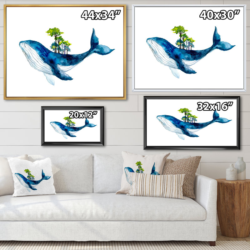 Baleine bleue sur fond blanc III - Peinture sur toile, H 34 po x l 44 po, Cadre flottant noir