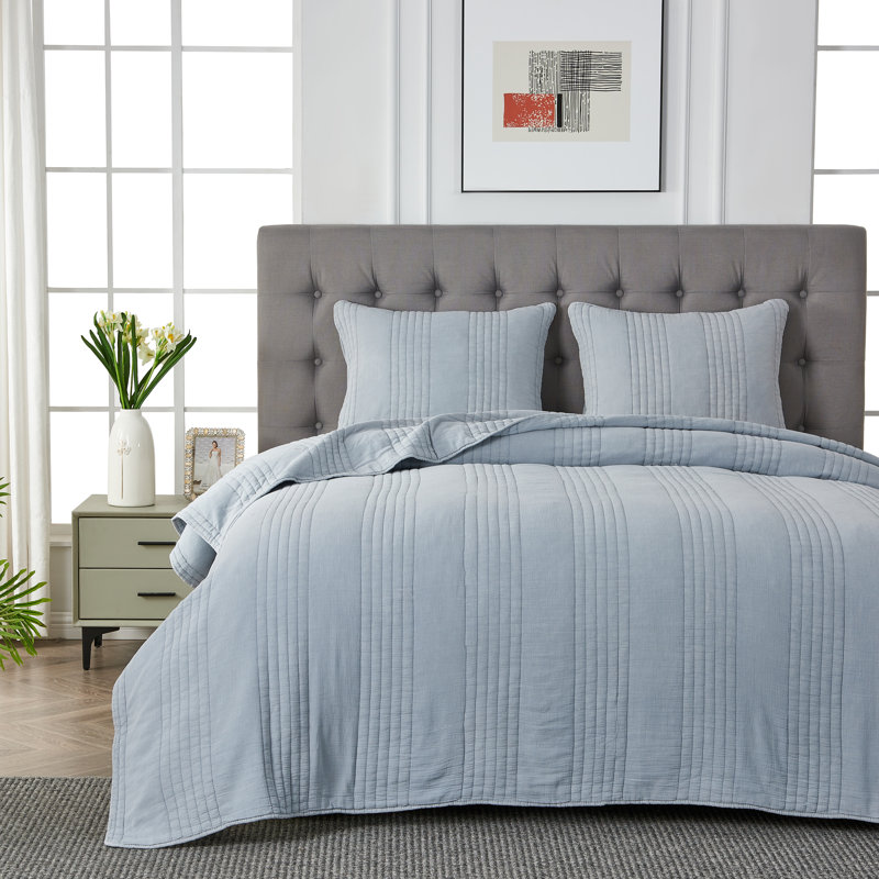 Kosovo Grimshaw 100% Cotton Quilt Set, Queen Quilt + 2 Standard Shams, Misty Blue