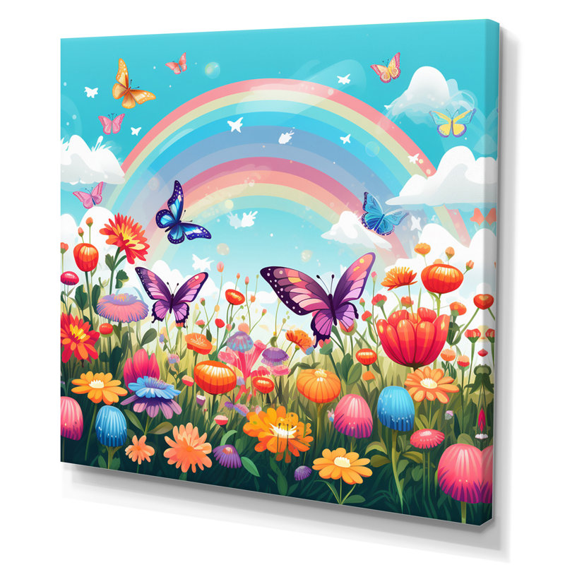 Mauve Butterfles, champ de fleurs arc-en-ciel idyllique, H 36 po x l 36 po, Toile tendue