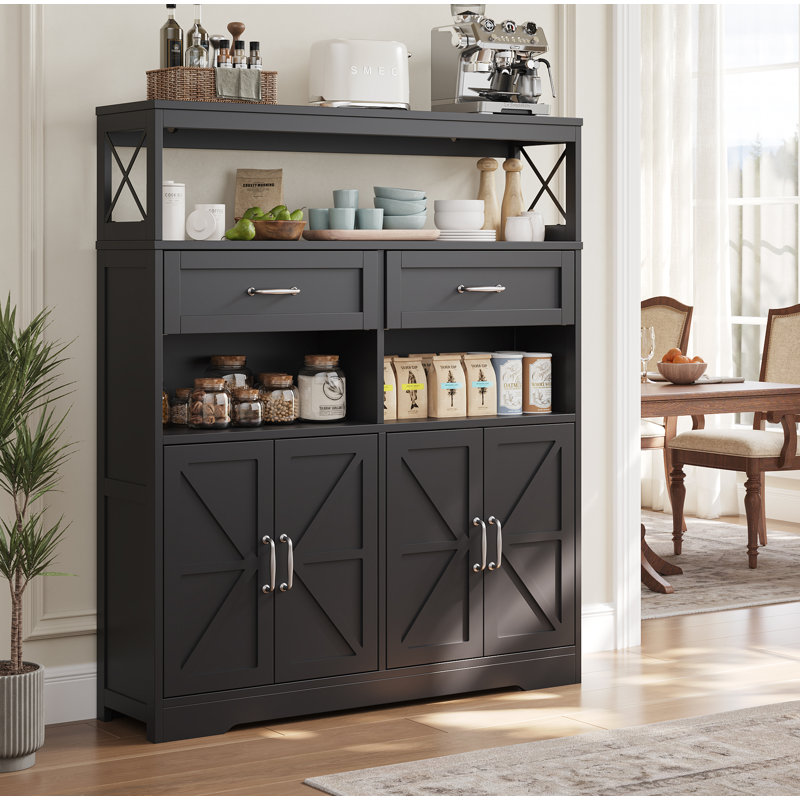 Buffet Farmhouse avec portes de grange et tablettes réglables | Grand buffet de rangement de cuisine avec 4 espaces ouverts, 2 tiroirs, noir