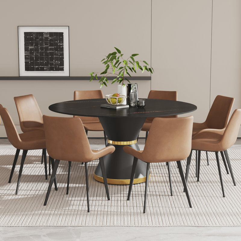 Ensemble de salle à manger Alperton 9 pièces rond sur pied central de 150 cm (59,05 po), Noir, Brun / Noir