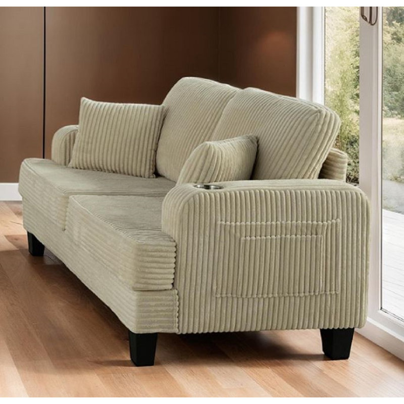 Ensemble de canapé et causeuse en velours côtelé beige Malton avec porte-gobelets USB, Beige