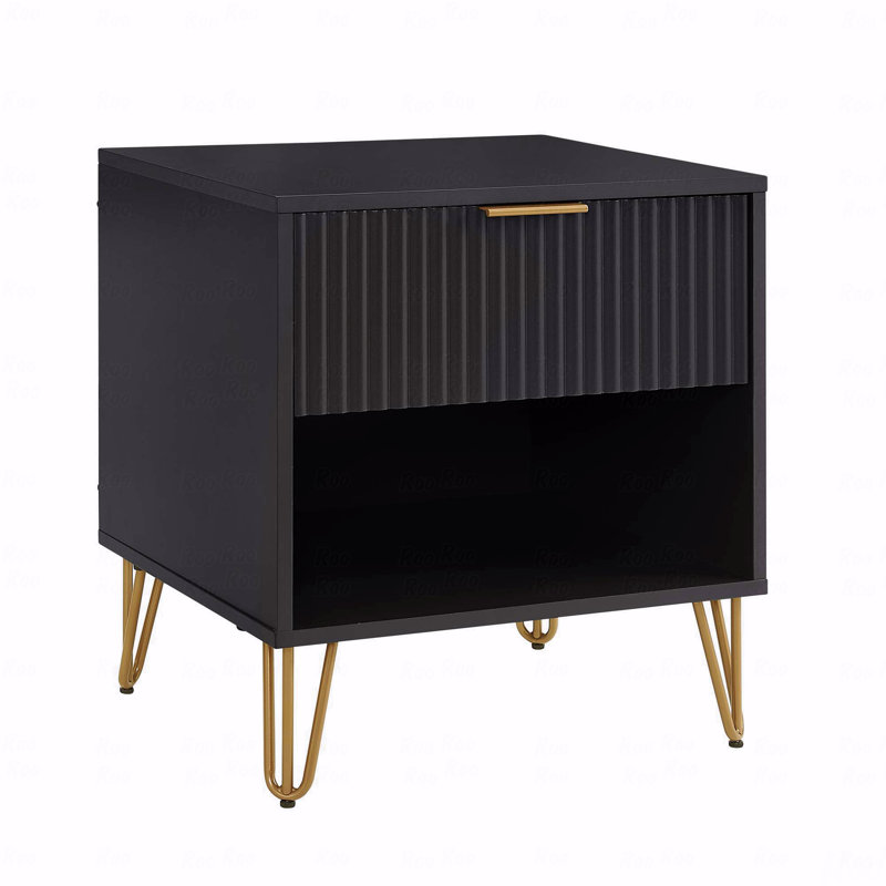 Dumbo 20" W Modern 1-Drawer Fluted Nightstand in Black, Black