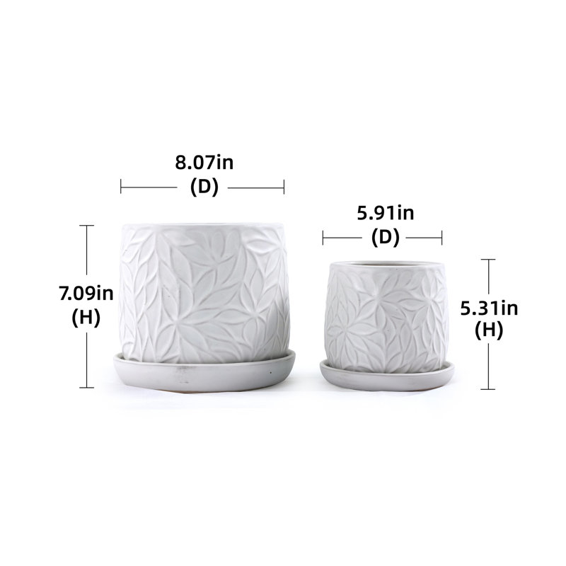 Pot de fleurs en céramique 2 pièces avec drainage, pour l'intérieur et l'extérieur, conception élégante à feuilles en relief
